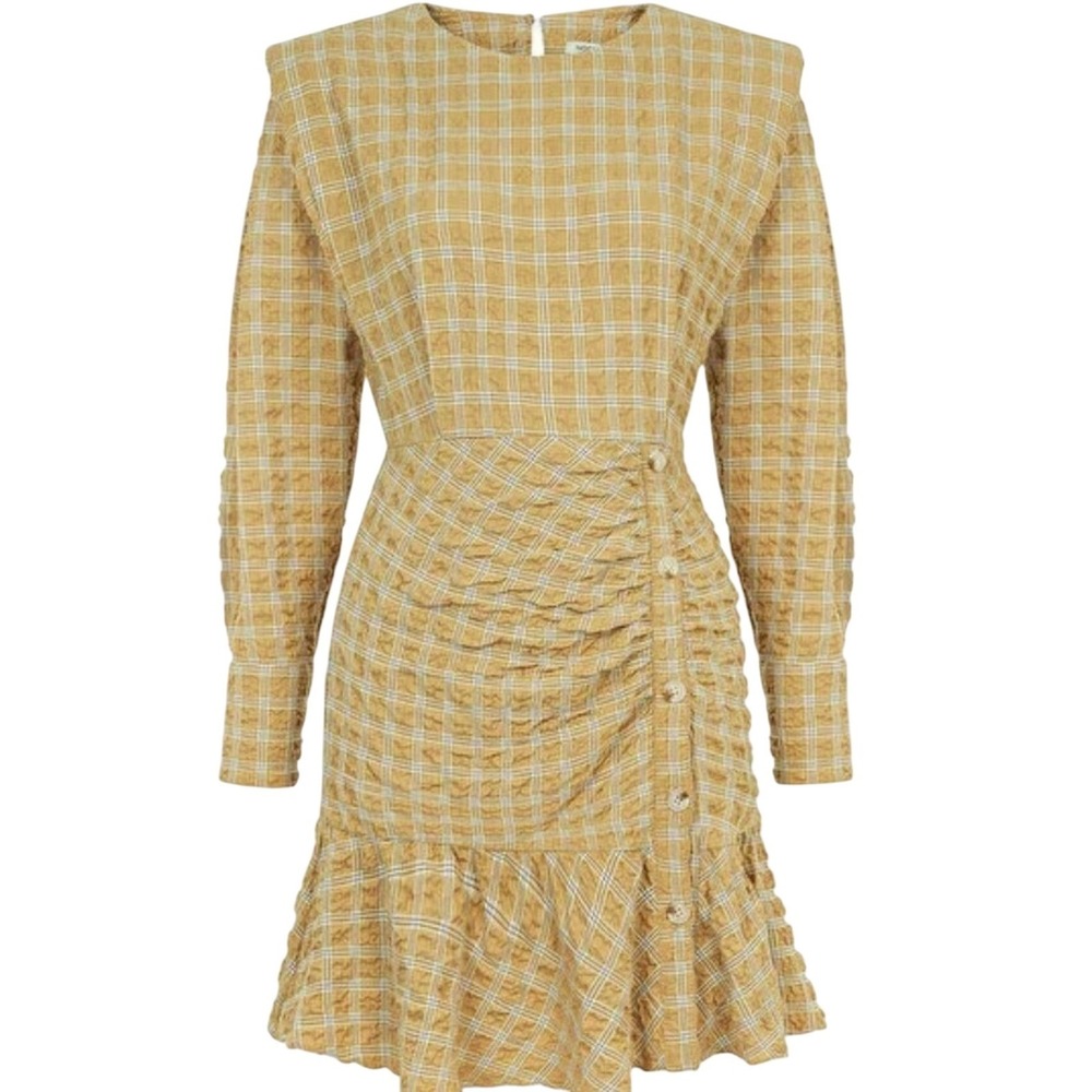 Nocturne Dress Yellow Gingham Plaid Long Sleeve Mini Dress, Size 40/ US 8